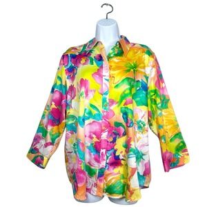 Lauren Ralph Lauren Womens‎ XL Colorful Floral Preppy Cotton Button Front Shirt